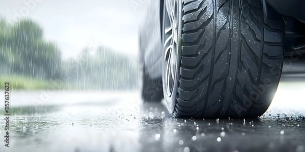 Fototapeta A close-up view of a car tire on wet pavement, highlighting the tread pattern and raindrops around it. Concept Close-up Photography, Car Tire Tread, Wet Pavement, Raindrop Details