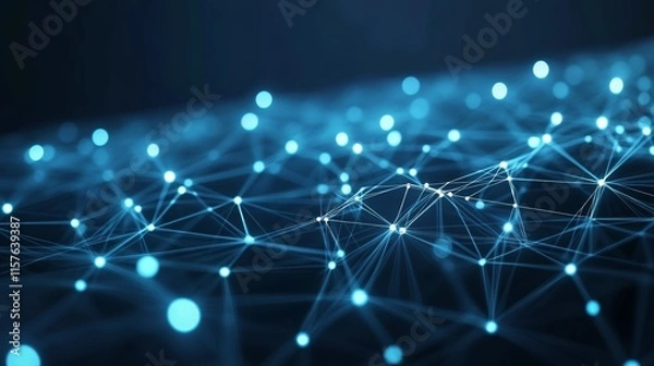 Fototapeta Abstract network connection, digital data flow, glowing lines and nodes.
