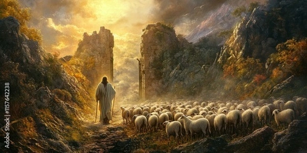 Obraz Shepherd Jesus Christ Leading Sheep to Heaven Gate