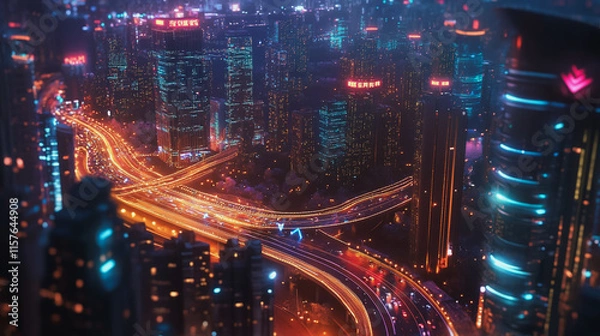 Fototapeta Smart digital Innovation city with connection network reciprocity over the cityscape. of future smart wireless digital city and social media networking systems that connects people with in city