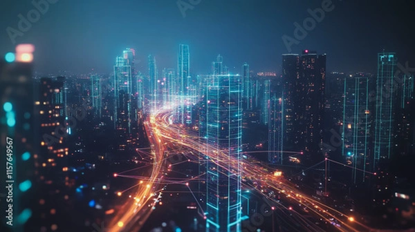 Fototapeta Smart digital Innovation city with connection network reciprocity over the cityscape. of future smart wireless digital city and social media networking systems that connects people with in city