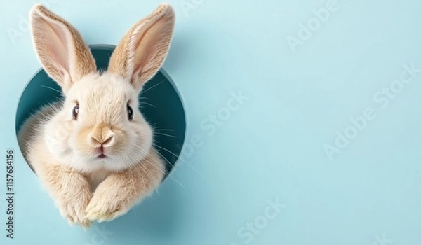 Fototapeta A cheerful white rabbit playfully peeks out from a vibrant opening, brilliantly embodying the joyful spirit of Easter celebrations, with soft pastel tones gracefully filling the enchanting background