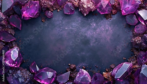 Fototapeta A frame of vibrant purple crystals, with sharp, angular formations, surrounds a dark, textured center, creating a scene reminiscent of a hidden cavern. Background