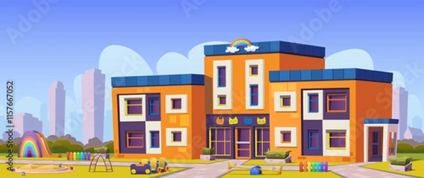 Fototapeta Kindergarten with playground and sandbox. Building facade with cat faces and rainbow, cartoon vector, modern architecture. Public place, cityscape, lawn, walkpath, children's swings, slide, toys.