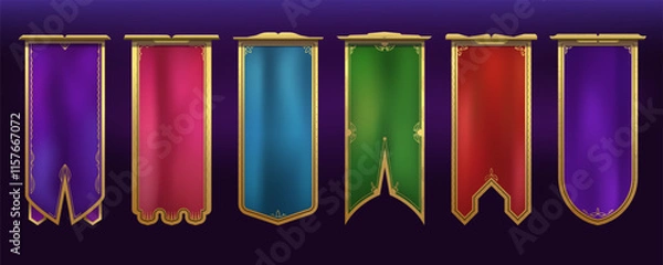 Fototapeta Set of flags with heraldry elements in medieval or fantasy style. Vector flag template with decorative pattern and ornament. Bright canvas with golden frame. Vertical folded fabric isolated flag.
