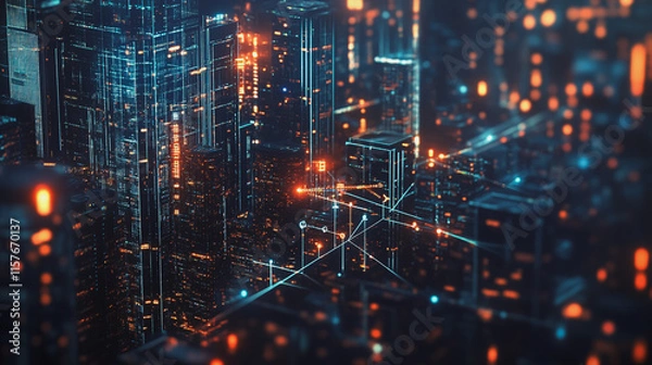 Fototapeta Smart digital Innovation city with connection network reciprocity over the cityscape. of future smart wireless digital city and social media networking systems that connects people with in city