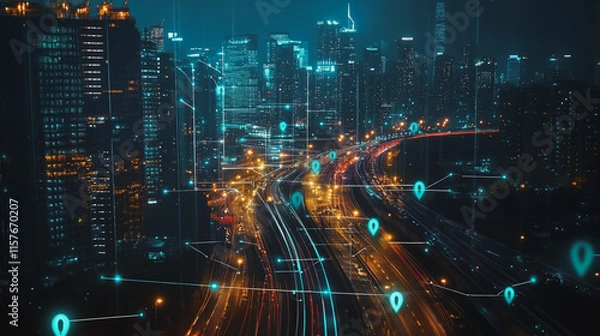 Fototapeta Smart digital Innovation city with connection network reciprocity over the cityscape. of future smart wireless digital city and social media networking systems that connects people with in city