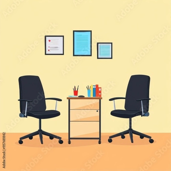 Fototapeta Two modern office chairs facing a small rolling desk in a bright workspace.
