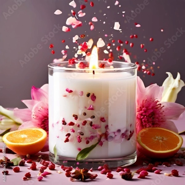 Fototapeta Serene candlelight surrounded by colorful petals, fresh lemon, and spices. Evokes a sense of calm, ideal for wellness, lifestyle, and home decor imagery.