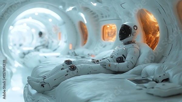 Fototapeta Astronaut robot resting in futuristic spaceship cabin.