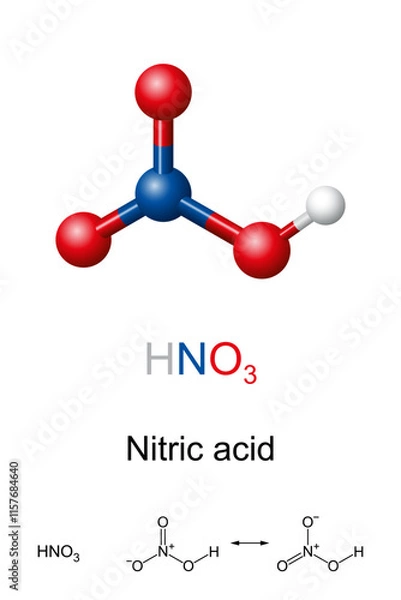 Fototapeta Nitric acid, HNO3, molecule model and chemical structure. Inorganic compound, corrosive mineral acid, and oxidizing agent. The main industrial use of nitric acid is for the production of fertilizers.
