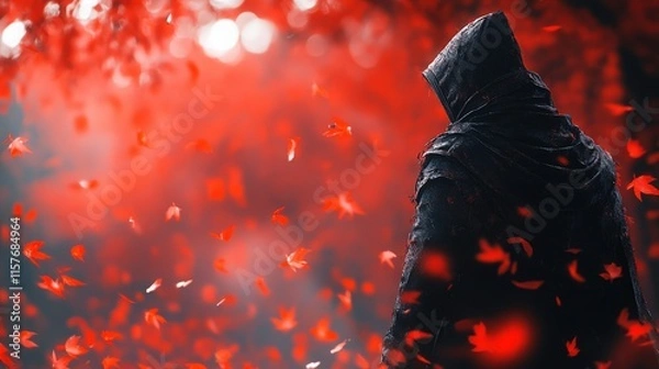 Fototapeta Mysterious Figure in Hooded Cloak Surrounded by Vibrant Red Leaves in a Dreamlike Forest Setting with a Enigmatic Atmosphere and Soft Lighting
