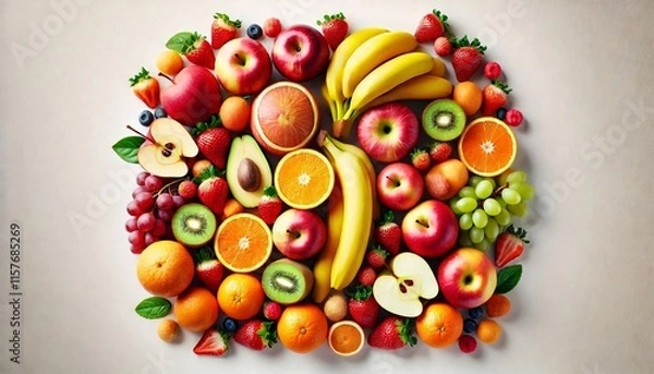 Fototapeta Vibrant Array of Fresh Fruits Including Bananas, Apples, Oranges, Kiwi, Strawberries, Grapes, and Avocado