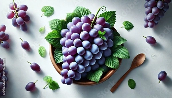 Obraz Fresh Grapes in Wooden Bowl with Leaves