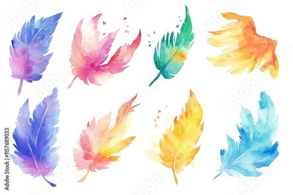 Fototapeta Colorful feather illustrations on a clean white surface, ideal for use in design projects or as decorative elements