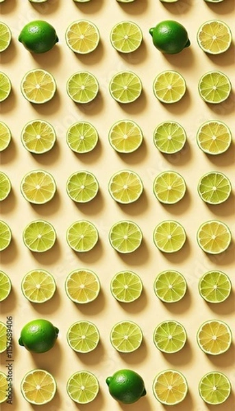 Fototapeta Grid of Limes and Lime Slices on a Beige Background