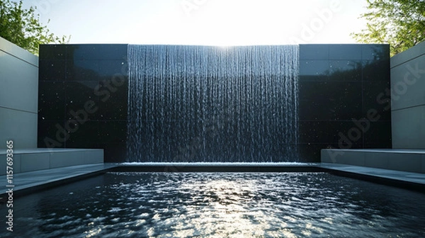 Obraz Modern zen water wall with black granite and LED lighting, contemporary garden feature