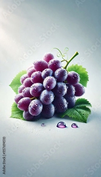 Fototapeta Fresh Purple Grapes with Dew Drops and Green Leaves on a White Background