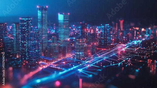 Fototapeta Smart digital Innovation city with connection network reciprocity over the cityscape. of future smart wireless digital city and social media networking systems that connects people with in city
