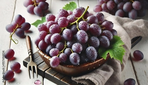 Fototapeta Bowl of Fresh Purple Grapes with Water Droplets and Green Leaves on a Rustic Table
