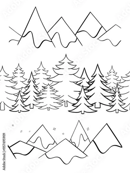 Fototapeta Vector winter graphic line seamless border set background, forest, trees, snowy mountain peaks