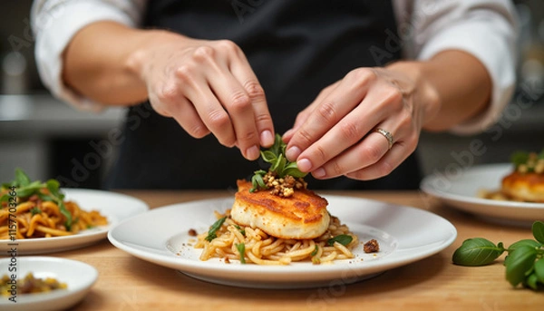 Fototapeta Chef garnishing plate with fish and pasta in a kitchen setting