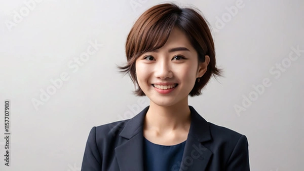 Obraz Potrait of Japanese woman short hair wearing formal black suits smiling front camera on white background ai generate