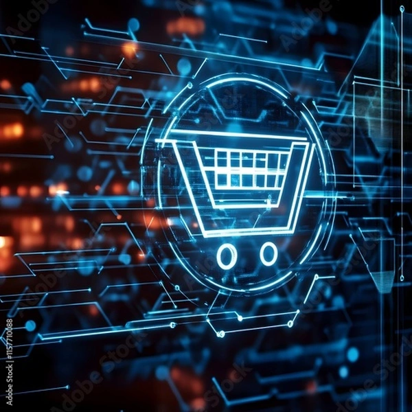 Obraz Artificial Intelligence in Retail concept, featuring a high-tech background and a prominent shopping cart symbol, symbolizing the integration of AI in shopping experiences, Generative Ai