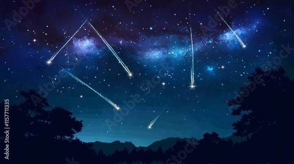 Fototapeta The Perseids meteor shower lighting up the night sky, with the Milky Way silhouetted in the foreground.