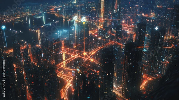 Fototapeta Smart digital Innovation city with connection network reciprocity over the cityscape. of future smart wireless digital city and social media networking systems that connects people with in city