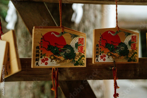 Fototapeta Ema with dragon pattern, wooden pray card that made from wood, in Zeniarai Benzaiten Ugafuku Jinja, Zeniarai Benten, Kamakura, Japan