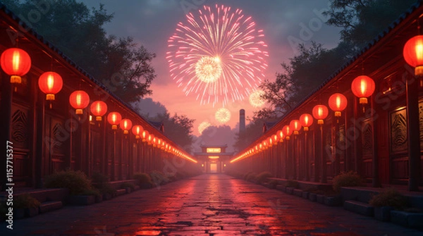 Fototapeta Street decorated with hanging red lanterns and fireworks for Chinese New Year