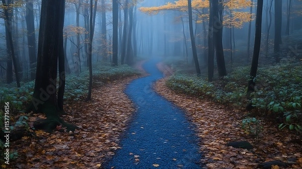 Fototapeta Misty Autumn Trail Through a Forest of Trees