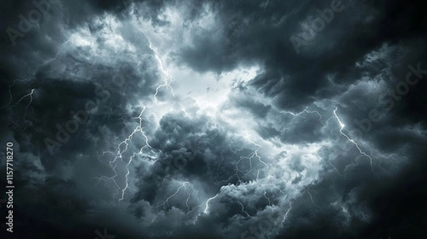 Obraz Dramatic stormy sky with dark grey clouds and bright lightning strikes