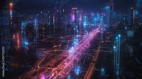 Fototapeta Smart digital Innovation city with connection network reciprocity over the cityscape. of future smart wireless digital city and social media networking systems that connects people with in city