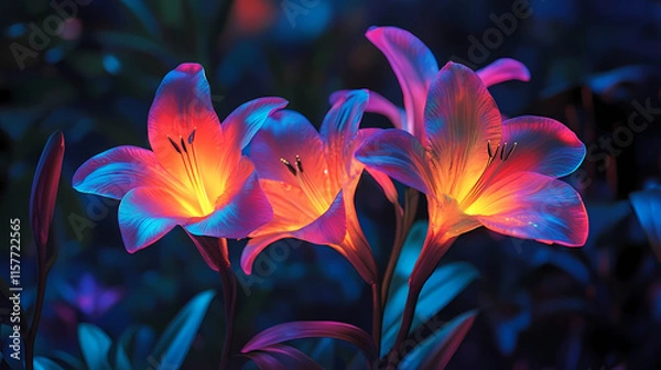 Fototapeta Enchanting floral bioluminescence - surreal psychedelic fantasy nature lights imagery. Incandescent. Illustration