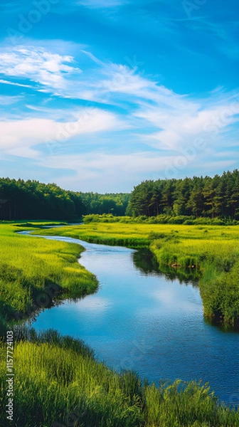 Fototapeta Tranquil River Meandering Through Endless Green Fields on a Bright Sunny Day