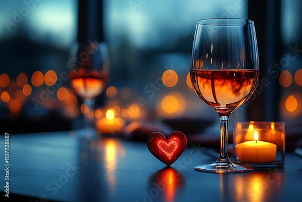 Fototapeta Elegant Valentine's Day dinner setup with candles, wine glasses, and a heart-shaped centerpiece, creating an intimate and romantic atmosphere