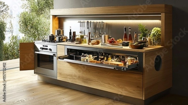 Fototapeta Compact kitchen with smart storage, modern appliances, and a sleek, minimalist design.