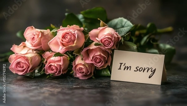 Fototapeta A bouquet of pink roses with an white envelope that says "I'm sorry"
