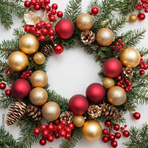 Fototapeta Christmas garland with red and gold balls, berries and pine cones.