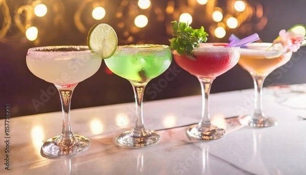 Fototapeta Vibrant and Colorful Cocktails in Elegant Glasses on a Bar Counter Surrounded by Neon Lights Against a Dark Night Background A Stunning Visual Delight for Cocktail Lovers and Nightlife Enthusiasts