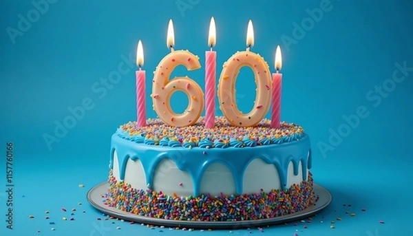 Fototapeta Vibrant 60th Birthday Cake with Blue Frosting, Colorful Sprinkles, and Burning Candles on Blue Background