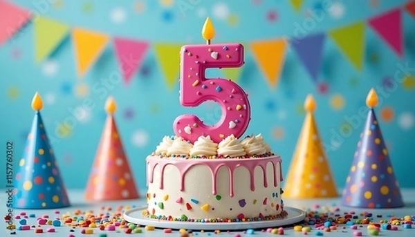 Fototapeta Colorful 5th Birthday Cake with Party Hats on Festive Background