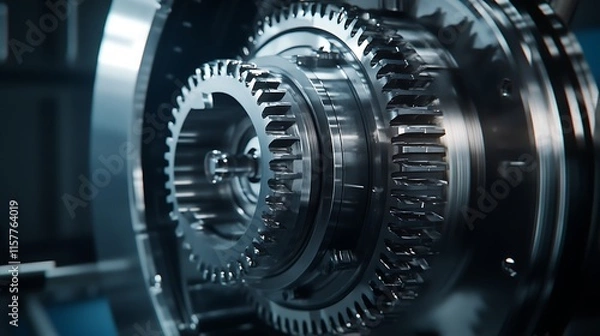 Fototapeta Close-up Photo: Precisely Crafted Metal Gears Intermeshing in Industrial Setting. AI Generated