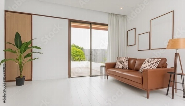 Obraz Minimal Style Modern White Living Room Featuring a Blank White Wall for Copy Space A Perfect Canvas for Personalization and Design Inspiration in Contemporary Interiors