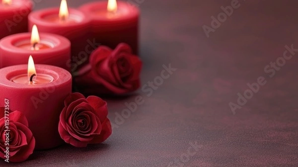 Fototapeta Romantic candlelight dinner setup with red roses cozy indoor environment elegant event decor intimate viewpoint