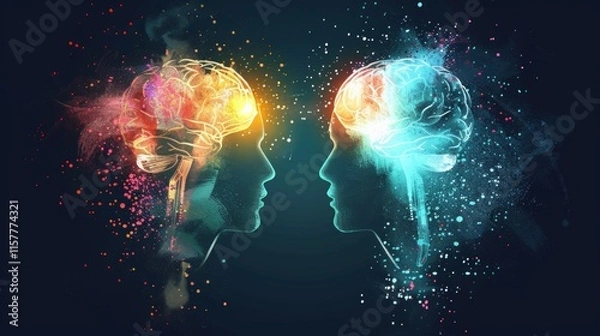 Fototapeta A futuristic abstract illustration of two human profiles with illuminated brains connected by vibrant colors, symbolizing creativity, collaboration, and innovation.