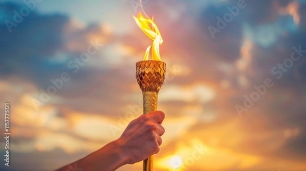 Fototapeta Golden Olympic torch held high against a vibrant sunset sky, symbolizing hope, unity, and the enduring spirit of achievement.