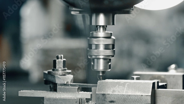 Obraz Industrial drill press rapidly perforating a metal component within a manufacturing facility, showcasing precision engineering and automated production processes